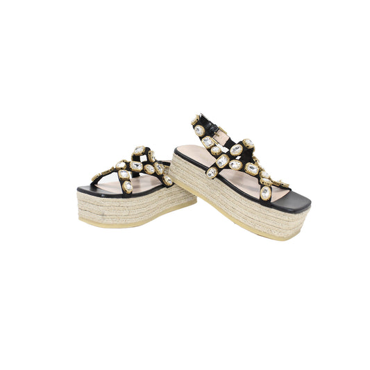 Gucci black nylon and leather pepita embellished espadrille sandals talla 7.5