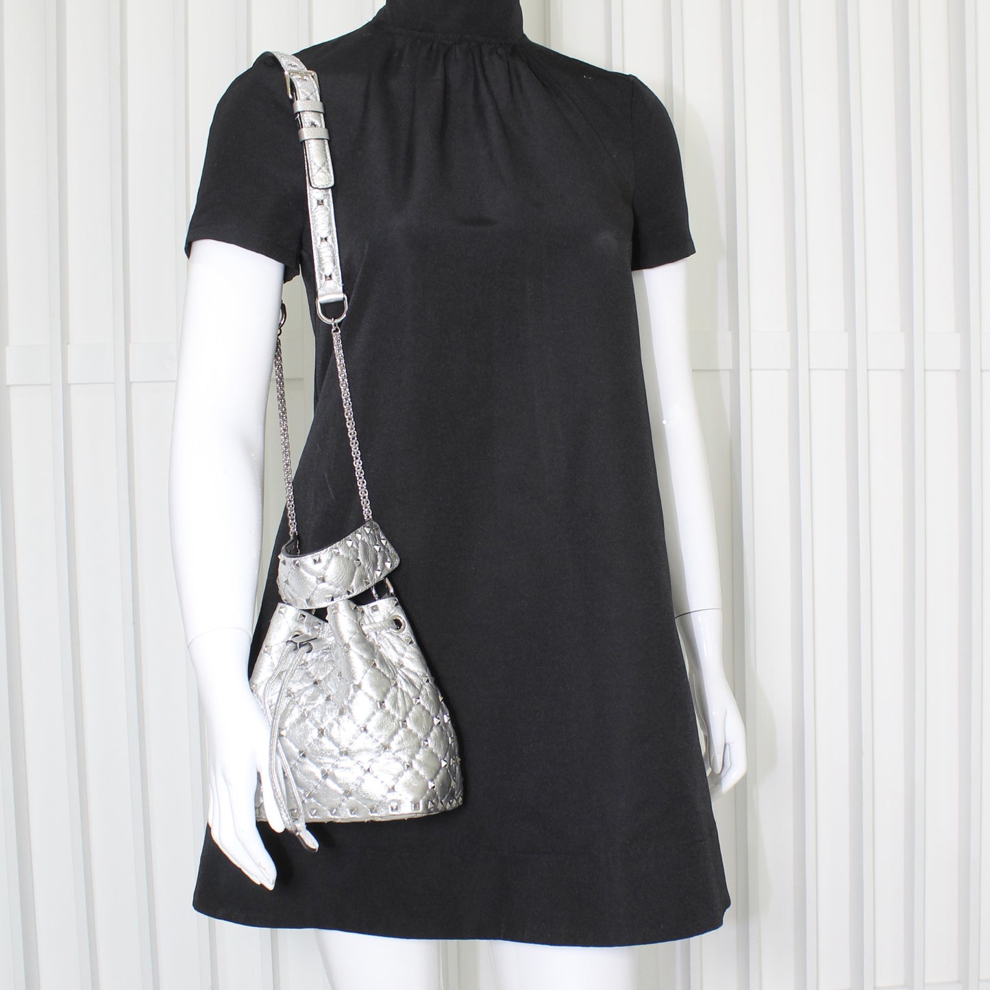 Valentino Platino Quilted Leather Small Rockstud Spike Bucket Bag