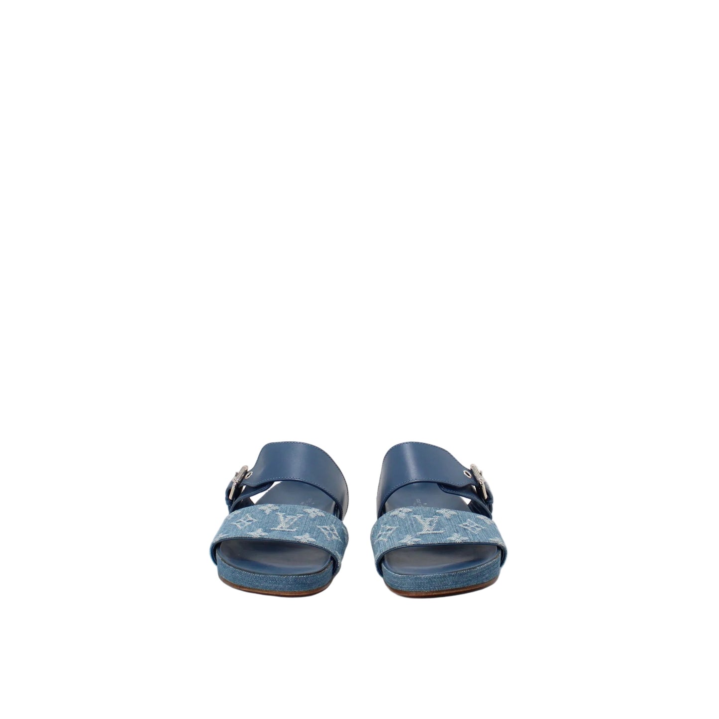 Louis Vuitton Bom Dia flat mule sandals in blue Monogram denim. 40