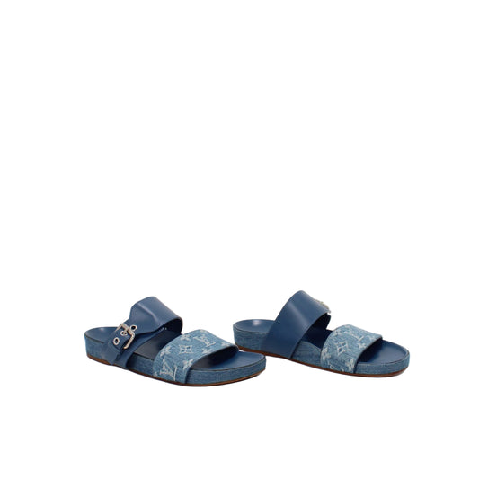 Louis Vuitton Bom Dia flat mule sandals in blue Monogram denim. 40