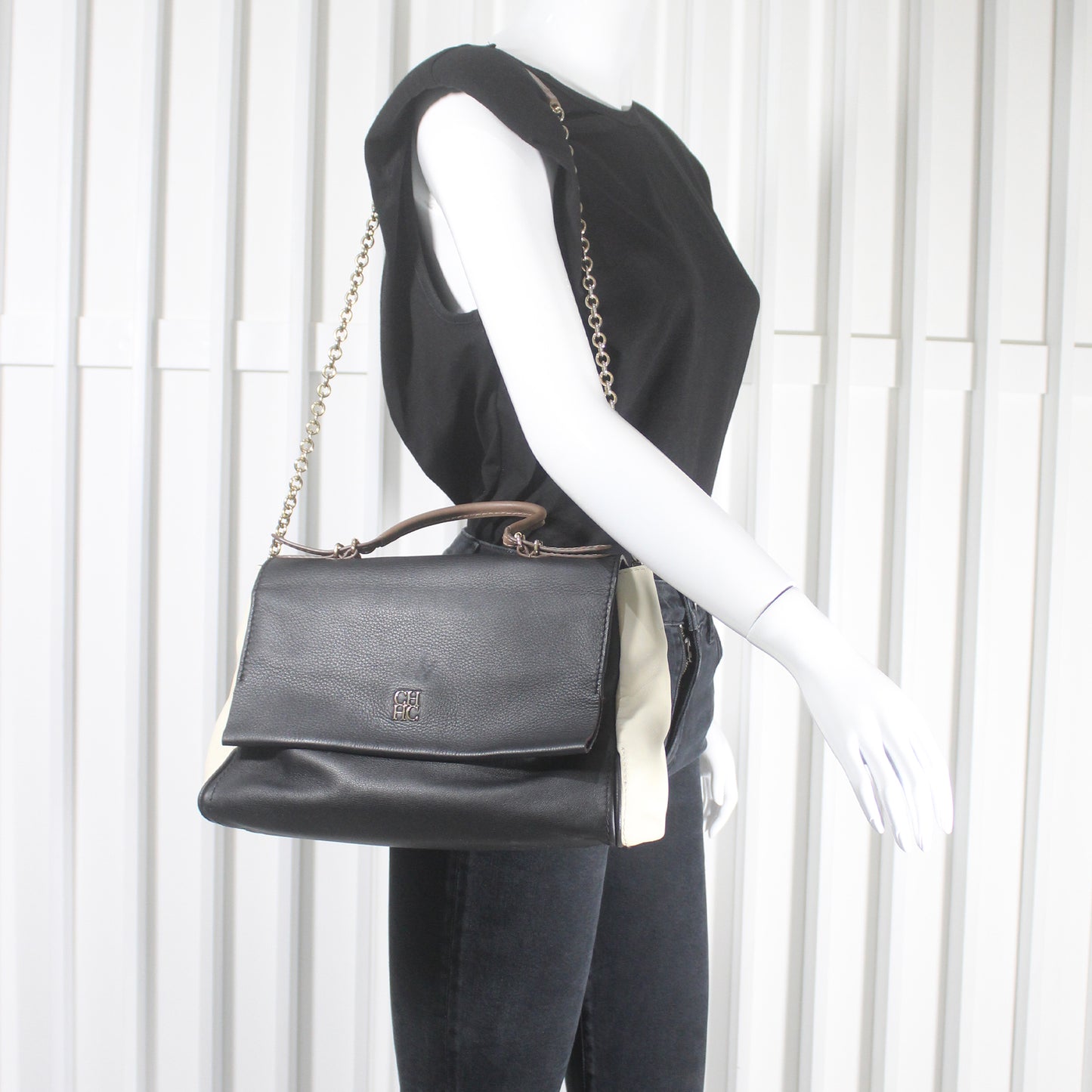 Carolina Herrera Black Leather Minuetto Flap Top Handle Bag