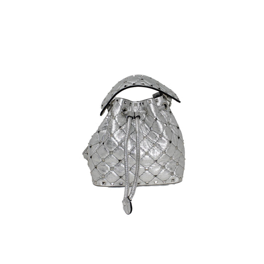 Valentino Platino Quilted Leather Small Rockstud Spike Bucket Bag