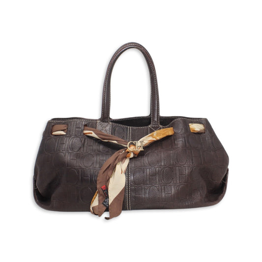 Carolina Herrera Brown Monogram Embossed Scarf Tote