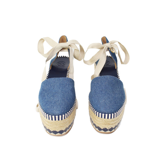 Tory Burch Blue Denim Ankle Wrap Espadrilles Talla 8.5