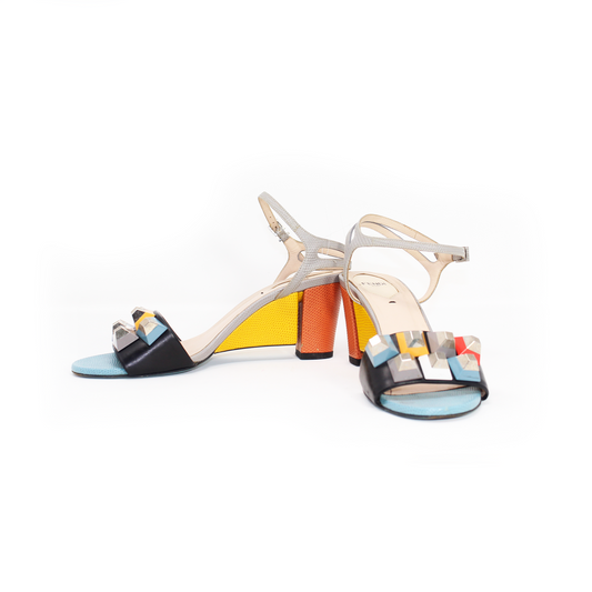 Fendi Multicolor lizard Embossed and leather fantasia ankle strap sandals Talla 39 with dustbag
