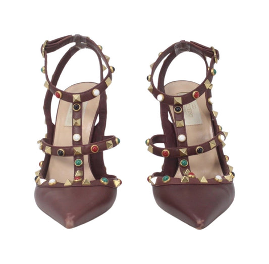 Valentino Burgundy Leather Rolling Rockstud Pointed Sandals Talla 38. With Dustbag