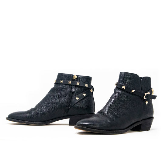 Valentino Black Leather Rockstud Grainy Calfskin Ankle Boots - Talla 38